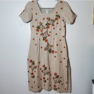 Vintage XS Embroidered Canvas Short Sleeve Sheath Dress